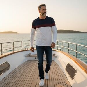 Marine Layer Mens Large Organic Cotton Colorblock LS Shirt Navy Burgundy